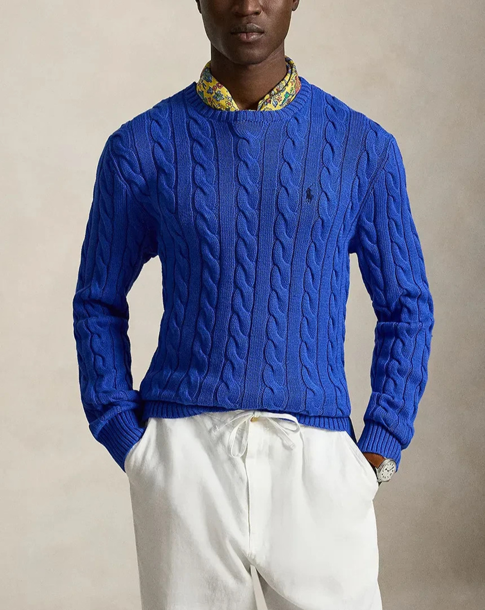Polo Ralph Lauren Men Cable 100% Cotton Crewneck Jumper Sweater Blue L A011256